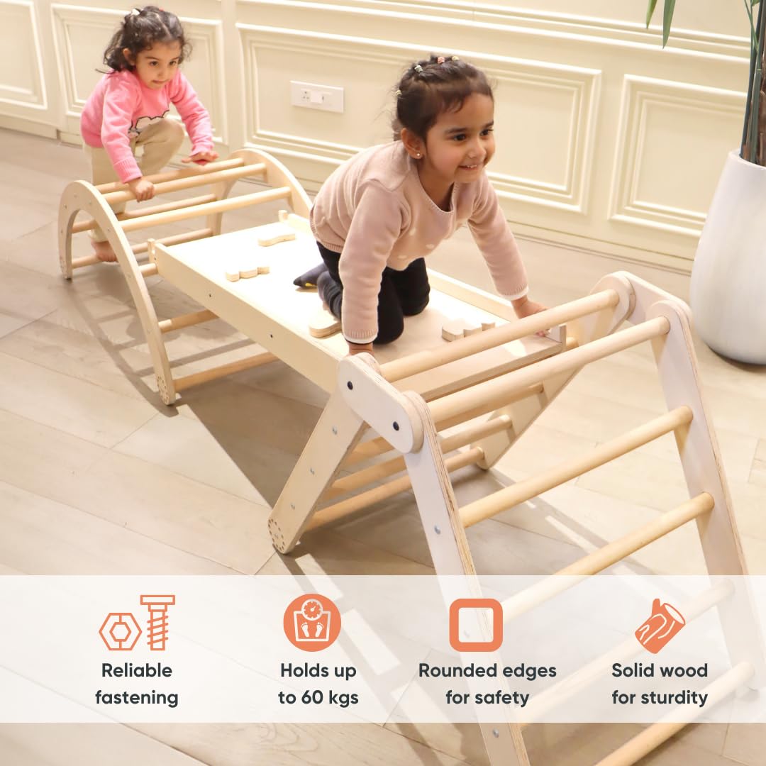 Curious Cub Pikler Triangle Set for Kids (1–6 Years) – Foldable Wooden Climbing Toy with Arch & Slide, Montessori Indoor Jungle Gym for Toddlers