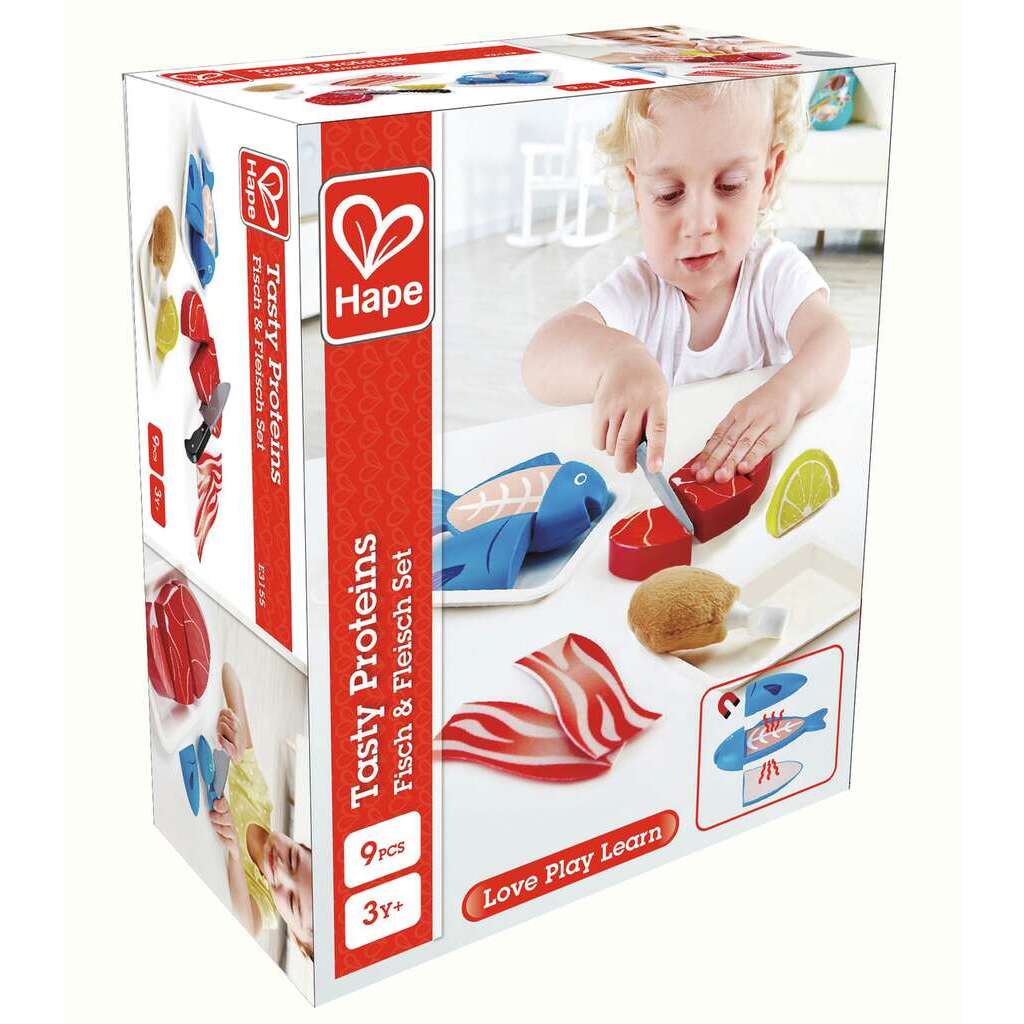 Hape Pretend Play Wooden Meat & Fish Food Set with Cutting Knife & Tray