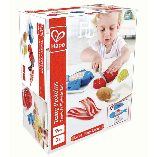 Hape Pretend Play Wooden Meat & Fish Food Set with Cutting Knife & Tray