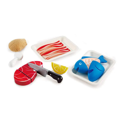 Hape Pretend Play Wooden Meat & Fish Food Set with Cutting Knife & Tray