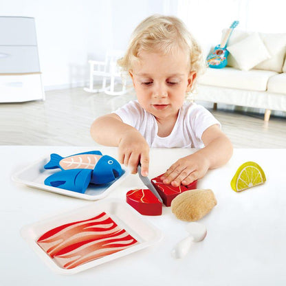 Hape Pretend Play Wooden Meat & Fish Food Set with Cutting Knife & Tray