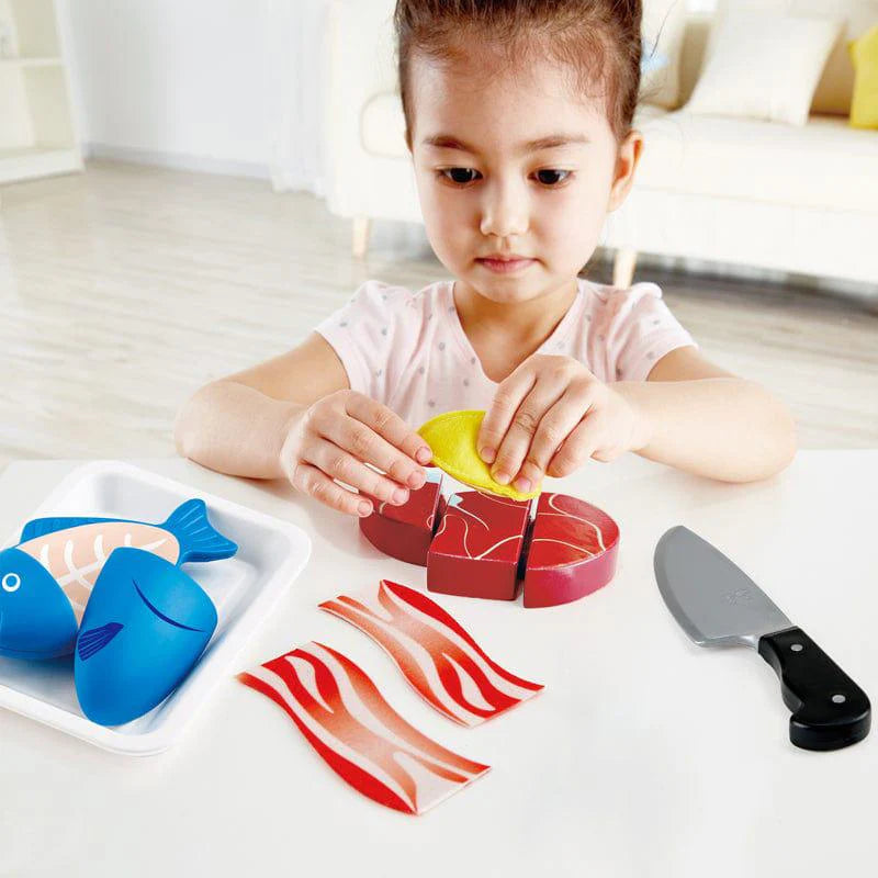 Hape Pretend Play Wooden Meat & Fish Food Set with Cutting Knife & Tray