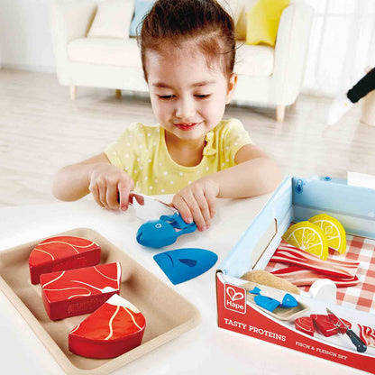 Hape Pretend Play Wooden Meat & Fish Food Set with Cutting Knife & Tray