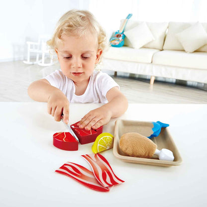 Hape Pretend Play Wooden Meat & Fish Food Set with Cutting Knife & Tray