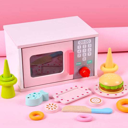 Wooden Microwave Oven Play Set with Burger & Food Accessories | Pretend Kitchen Toy for Kids