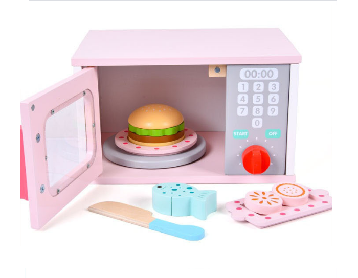 Wooden Microwave Oven Play Set with Burger & Food Accessories | Pretend Kitchen Toy for Kids