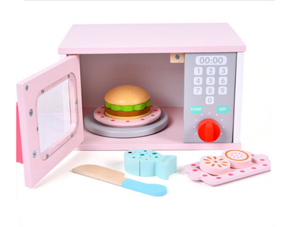 Wooden Microwave Oven Play Set with Burger & Food Accessories | Pretend Kitchen Toy for Kids