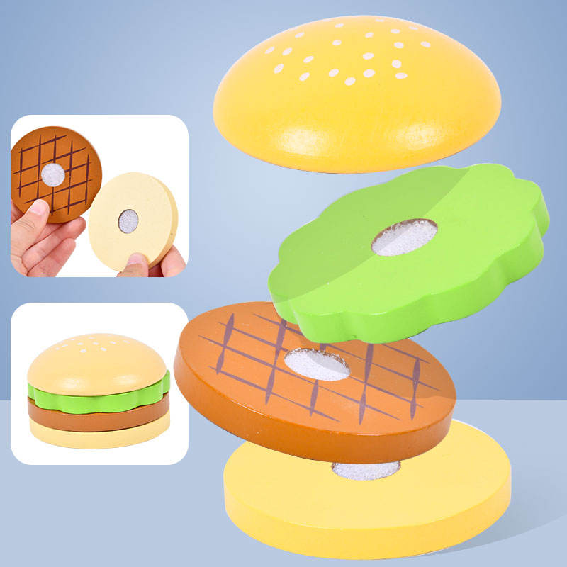 Wooden Microwave Oven Play Set with Burger & Food Accessories | Pretend Kitchen Toy for Kids