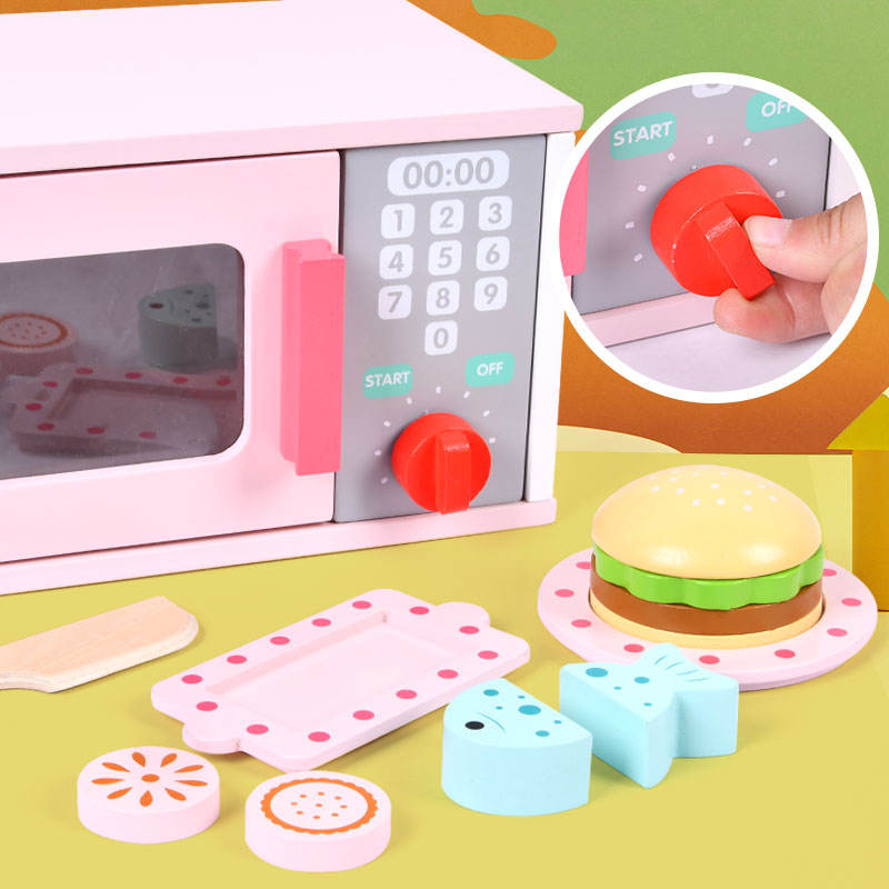 Wooden Microwave Oven Play Set with Burger & Food Accessories | Pretend Kitchen Toy for Kids