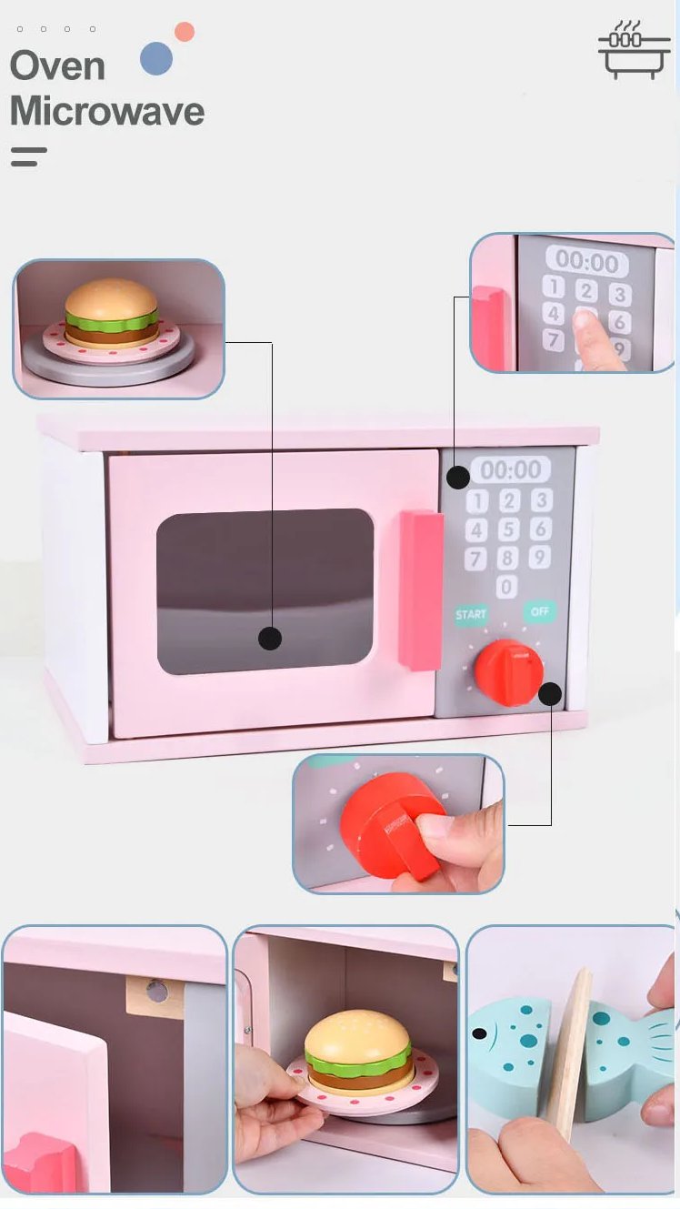 Wooden Microwave Oven Play Set with Burger & Food Accessories | Pretend Kitchen Toy for Kids