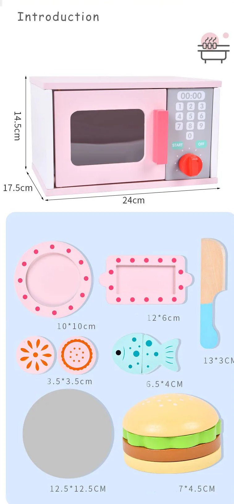 Wooden Microwave Oven Play Set with Burger & Food Accessories | Pretend Kitchen Toy for Kids