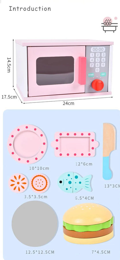 Wooden Microwave Oven Play Set with Burger & Food Accessories | Pretend Kitchen Toy for Kids