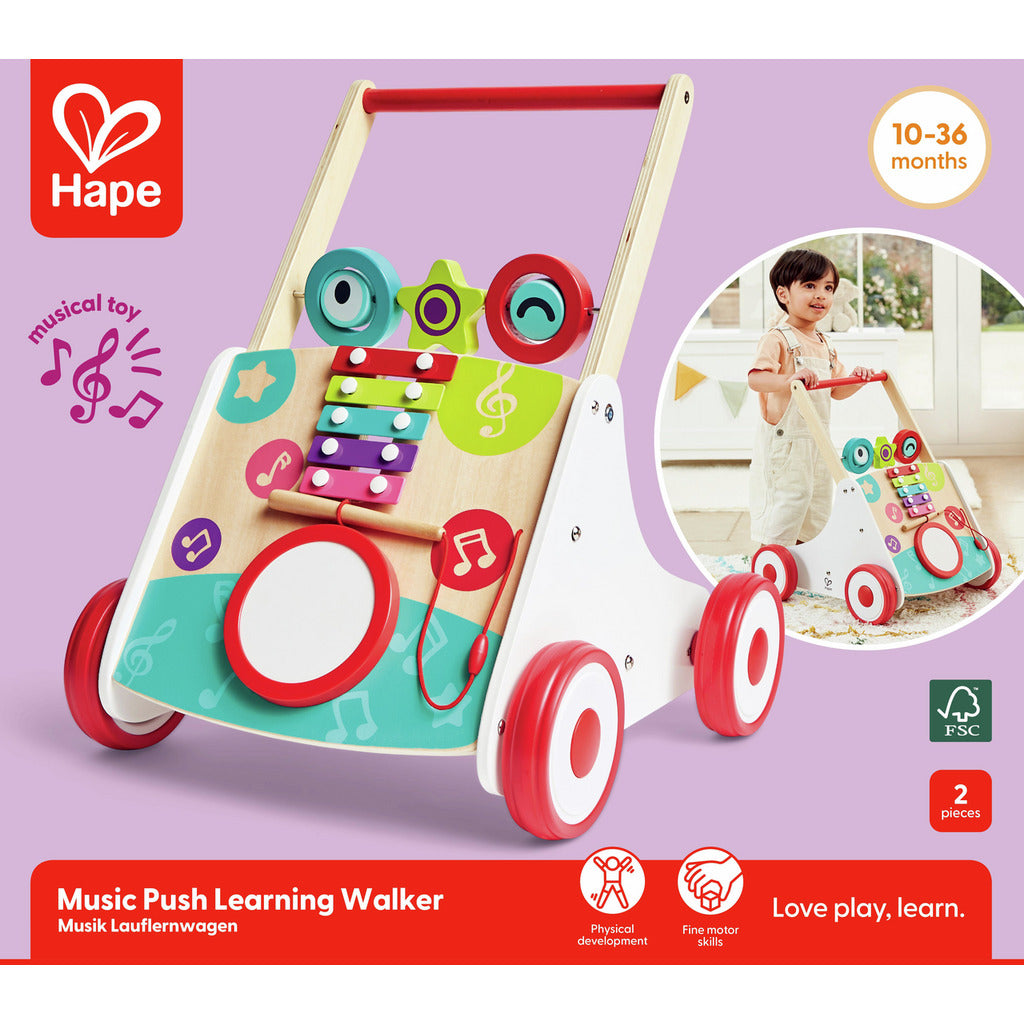 Hape Musical Wooden Push Walker with Adjustable Speed, Activity Board & Interactive Learning Features