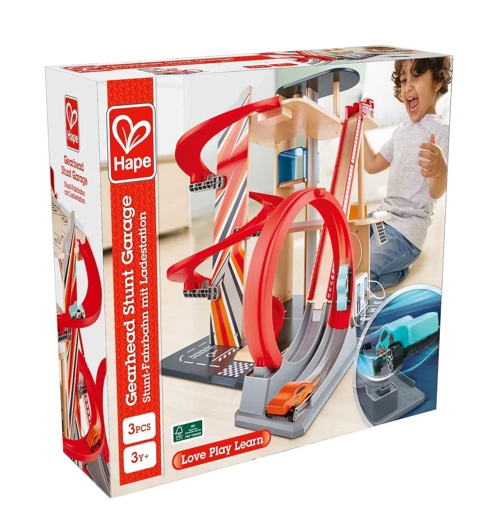 Hape Wooden Gearhead Stunt Garage Car Track Set with Loop Track, Ramps & Lift | Kids Racing Toy