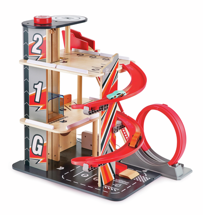 Hape Wooden Gearhead Stunt Garage Car Track Set with Loop Track, Ramps & Lift | Kids Racing Toy