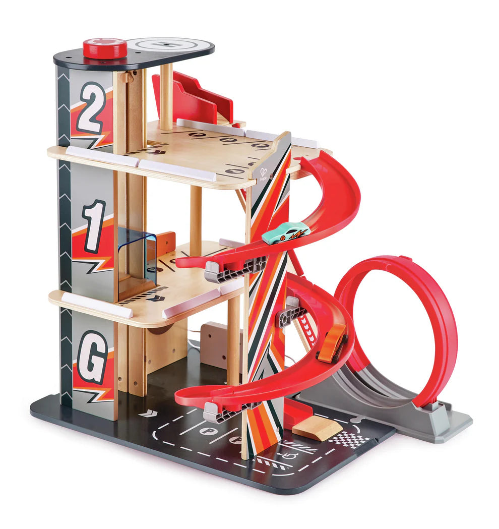 Hape Wooden Gearhead Stunt Garage Car Track Set with Loop Track, Ramps & Lift | Kids Racing Toy
