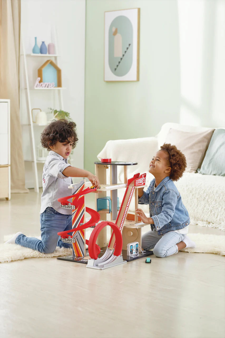 Hape Wooden Gearhead Stunt Garage Car Track Set with Loop Track, Ramps & Lift | Kids Racing Toy
