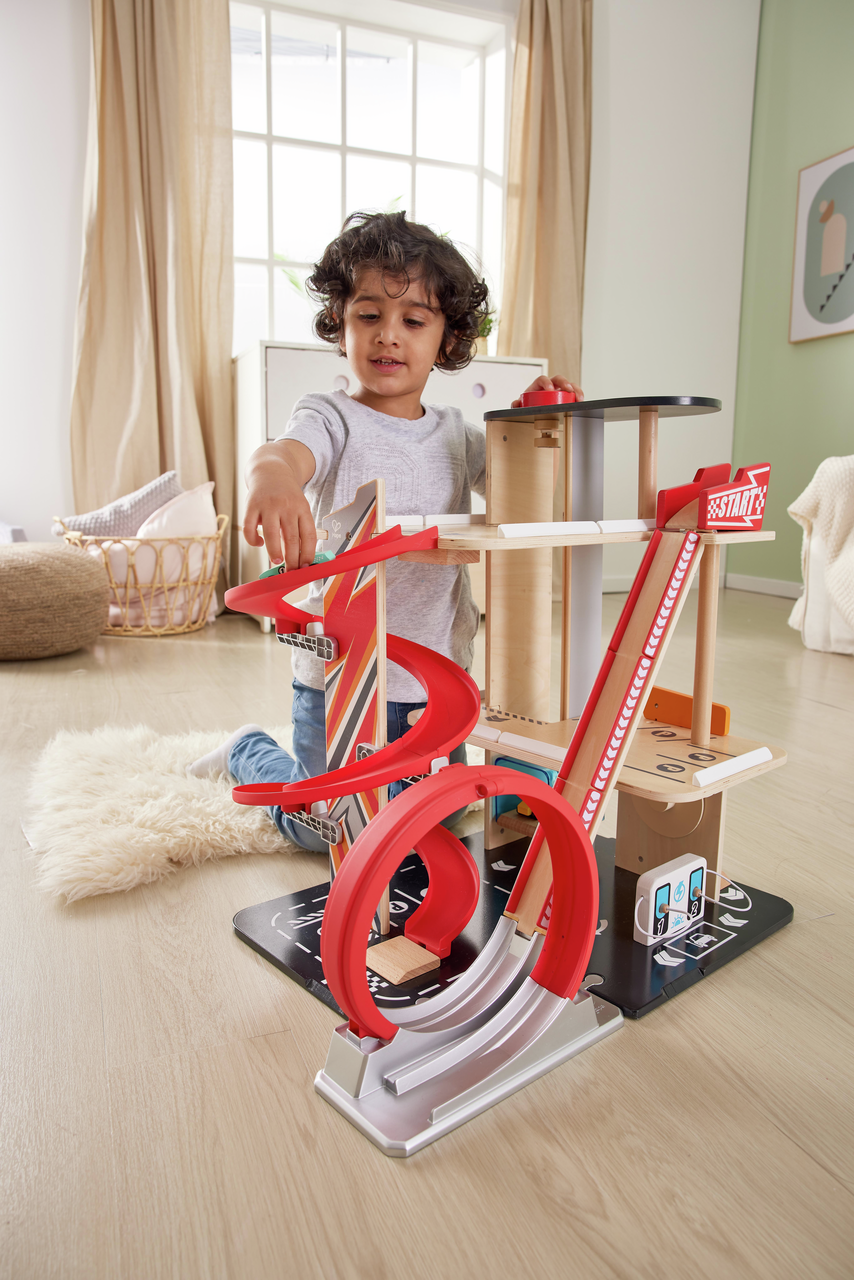 Hape Wooden Gearhead Stunt Garage Car Track Set with Loop Track, Ramps & Lift | Kids Racing Toy