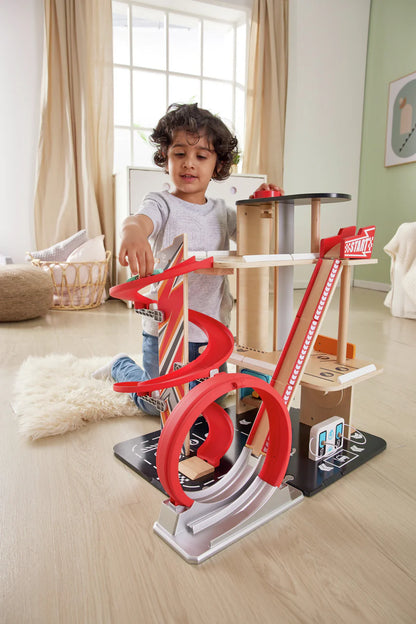 Hape Wooden Gearhead Stunt Garage Car Track Set with Loop Track, Ramps & Lift | Kids Racing Toy