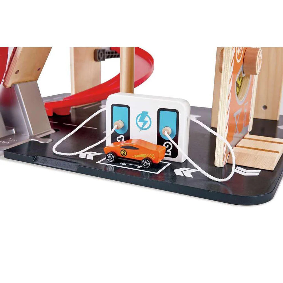 Hape Wooden Gearhead Stunt Garage Car Track Set with Loop Track, Ramps & Lift | Kids Racing Toy