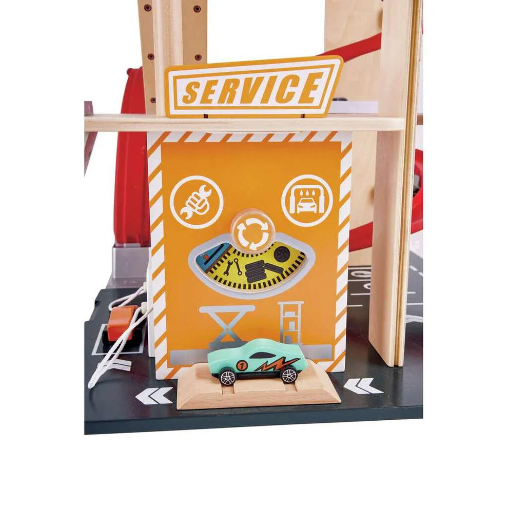 Hape Wooden Gearhead Stunt Garage Car Track Set with Loop Track, Ramps & Lift | Kids Racing Toy