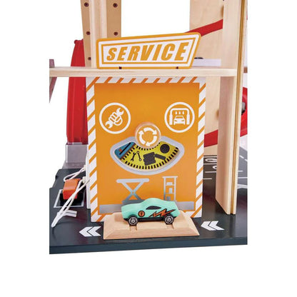 Hape Wooden Gearhead Stunt Garage Car Track Set with Loop Track, Ramps & Lift | Kids Racing Toy
