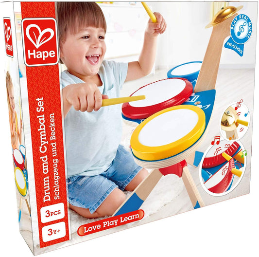 Hape Wooden Drum and Cymbal Set for Kids with Stand & Drumsticks – Musical Toy for Early Learning & Rhythm Development