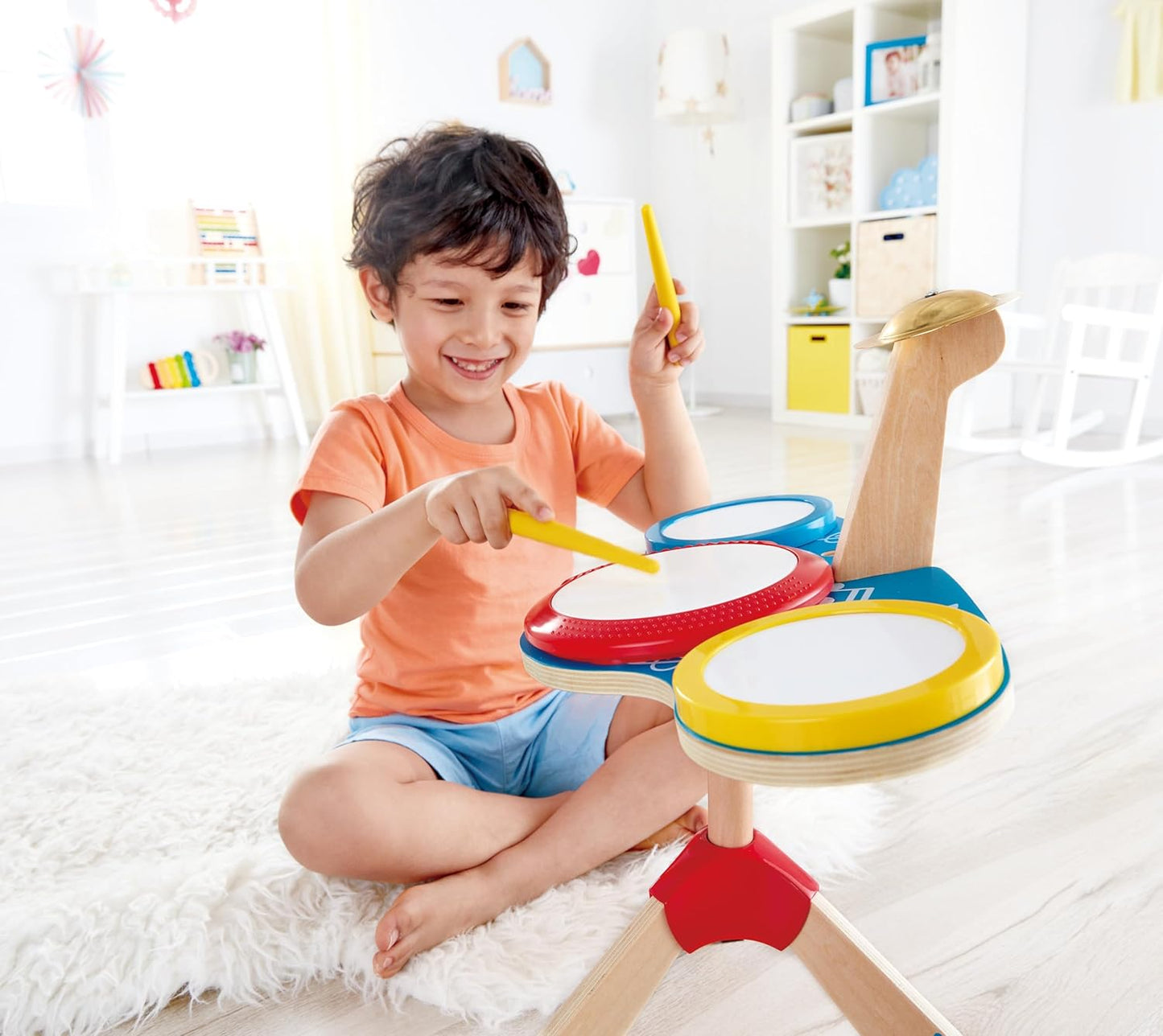 Hape Wooden Drum and Cymbal Set for Kids with Stand & Drumsticks – Musical Toy for Early Learning & Rhythm Development
