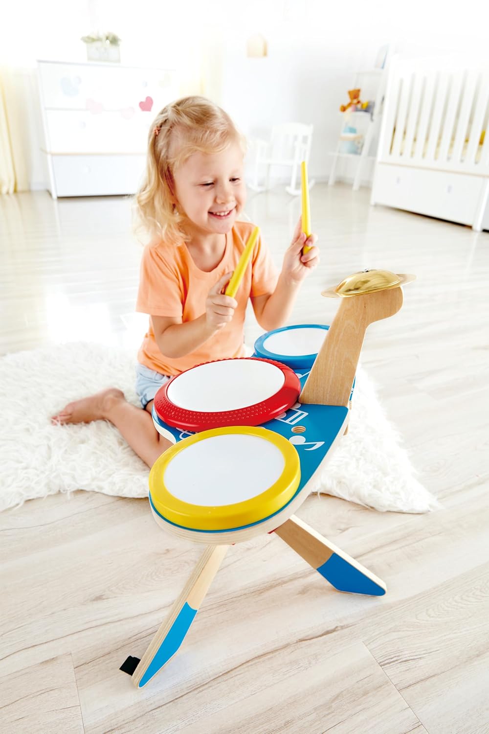 Hape Wooden Drum and Cymbal Set for Kids with Stand & Drumsticks – Musical Toy for Early Learning & Rhythm Development