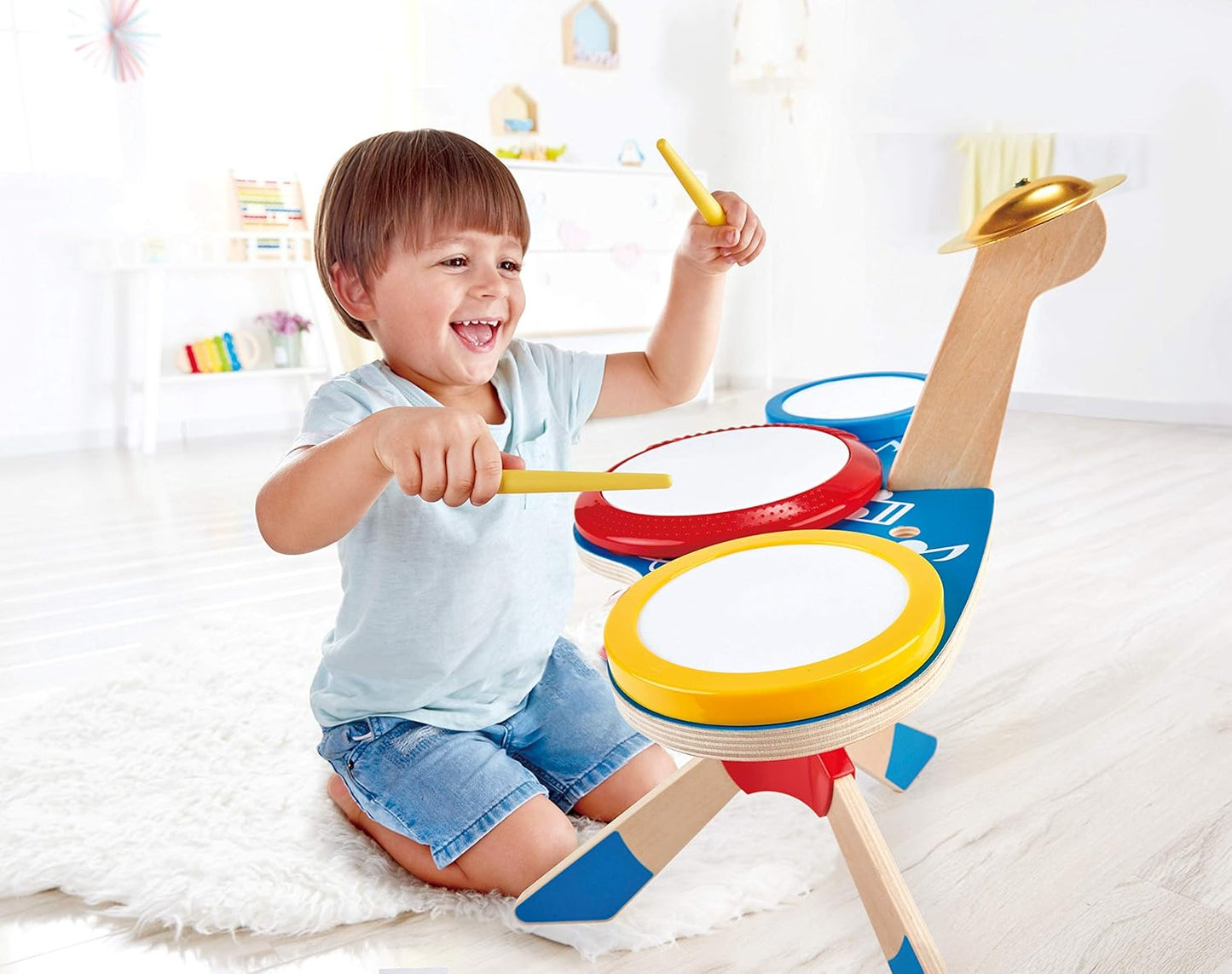 Hape Wooden Drum and Cymbal Set for Kids with Stand & Drumsticks – Musical Toy for Early Learning & Rhythm Development