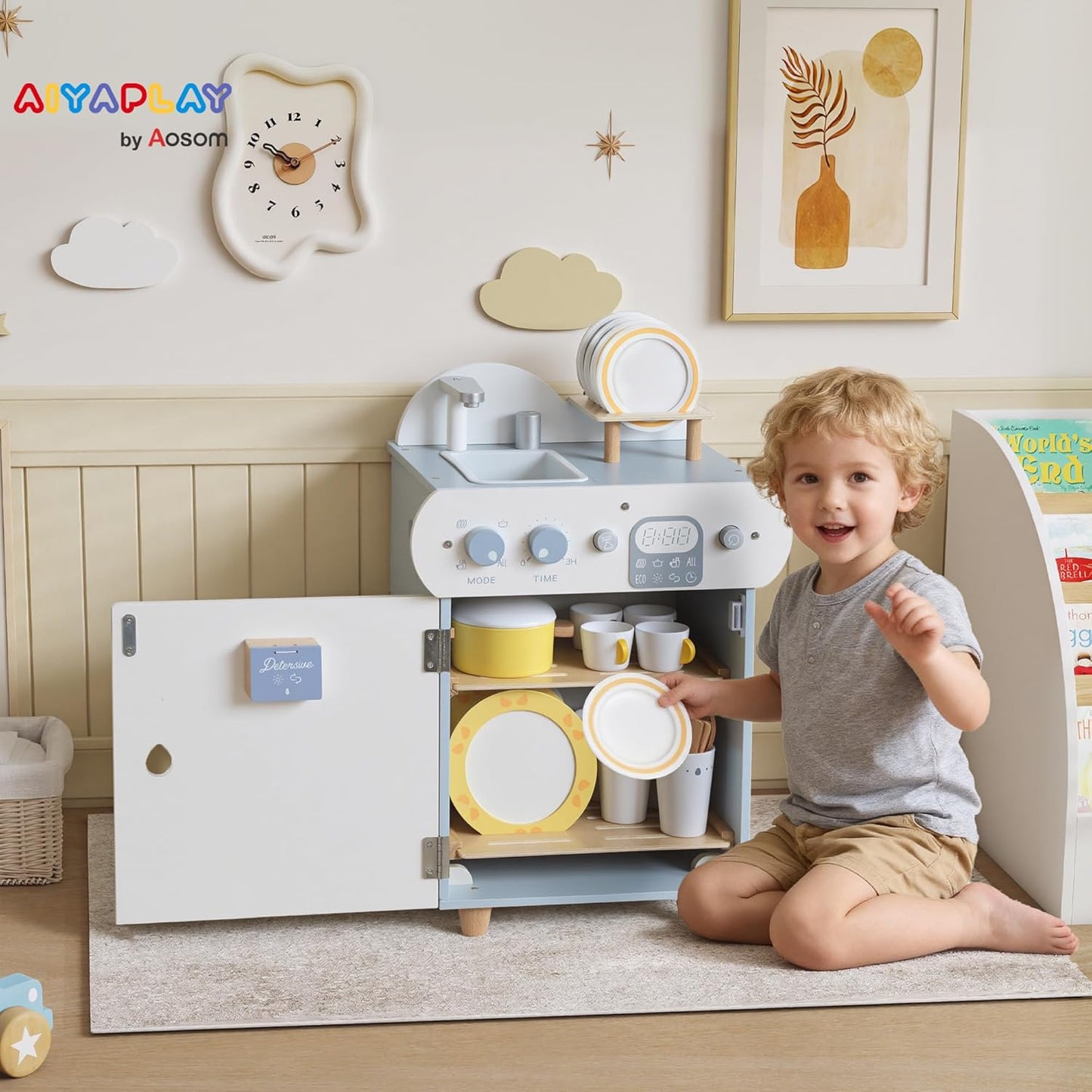 Luxury Wooden Dishwasher Play Kitchen Set with 34 Accessories | Interactive Pretend Play Cleaning Station for Kids