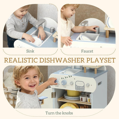 Luxury Wooden Dishwasher Play Kitchen Set with 34 Accessories | Interactive Pretend Play Cleaning Station for Kids