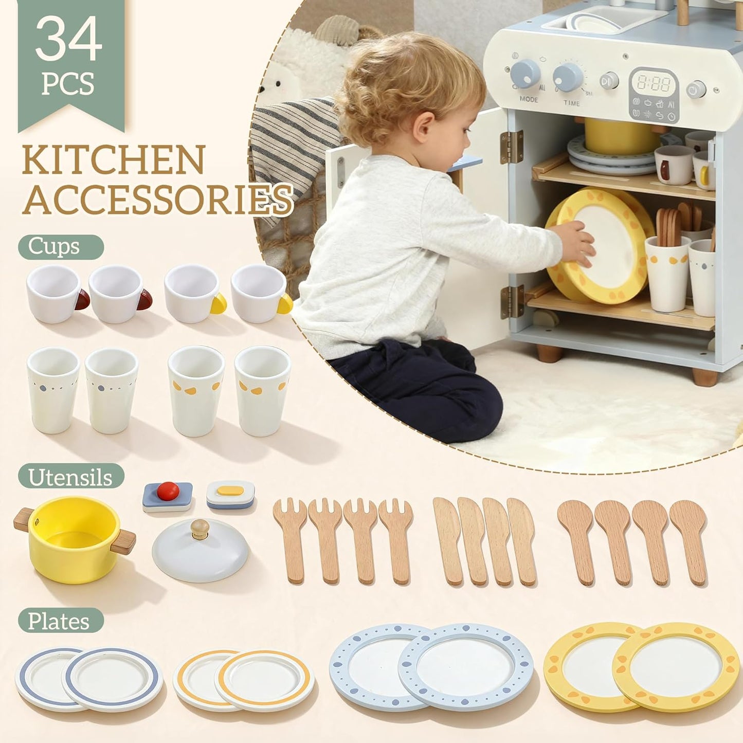 Luxury Wooden Dishwasher Play Kitchen Set with 34 Accessories | Interactive Pretend Play Cleaning Station for Kids