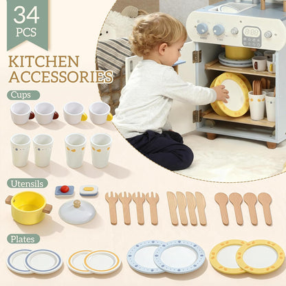 Luxury Wooden Dishwasher Play Kitchen Set with 34 Accessories | Interactive Pretend Play Cleaning Station for Kids