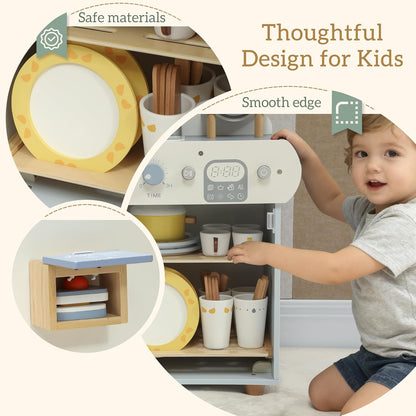 Luxury Wooden Dishwasher Play Kitchen Set with 34 Accessories | Interactive Pretend Play Cleaning Station for Kids