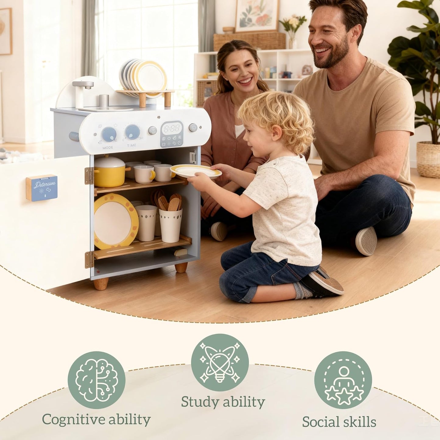 Luxury Wooden Dishwasher Play Kitchen Set with 34 Accessories | Interactive Pretend Play Cleaning Station for Kids