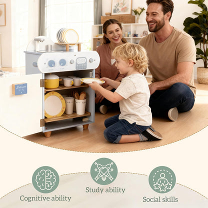 Luxury Wooden Dishwasher Play Kitchen Set with 34 Accessories | Interactive Pretend Play Cleaning Station for Kids