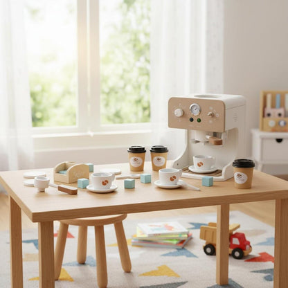 Premium Wooden Espresso Coffee Machine Toy Set | Interactive Barista Pretend Play Café for Kids