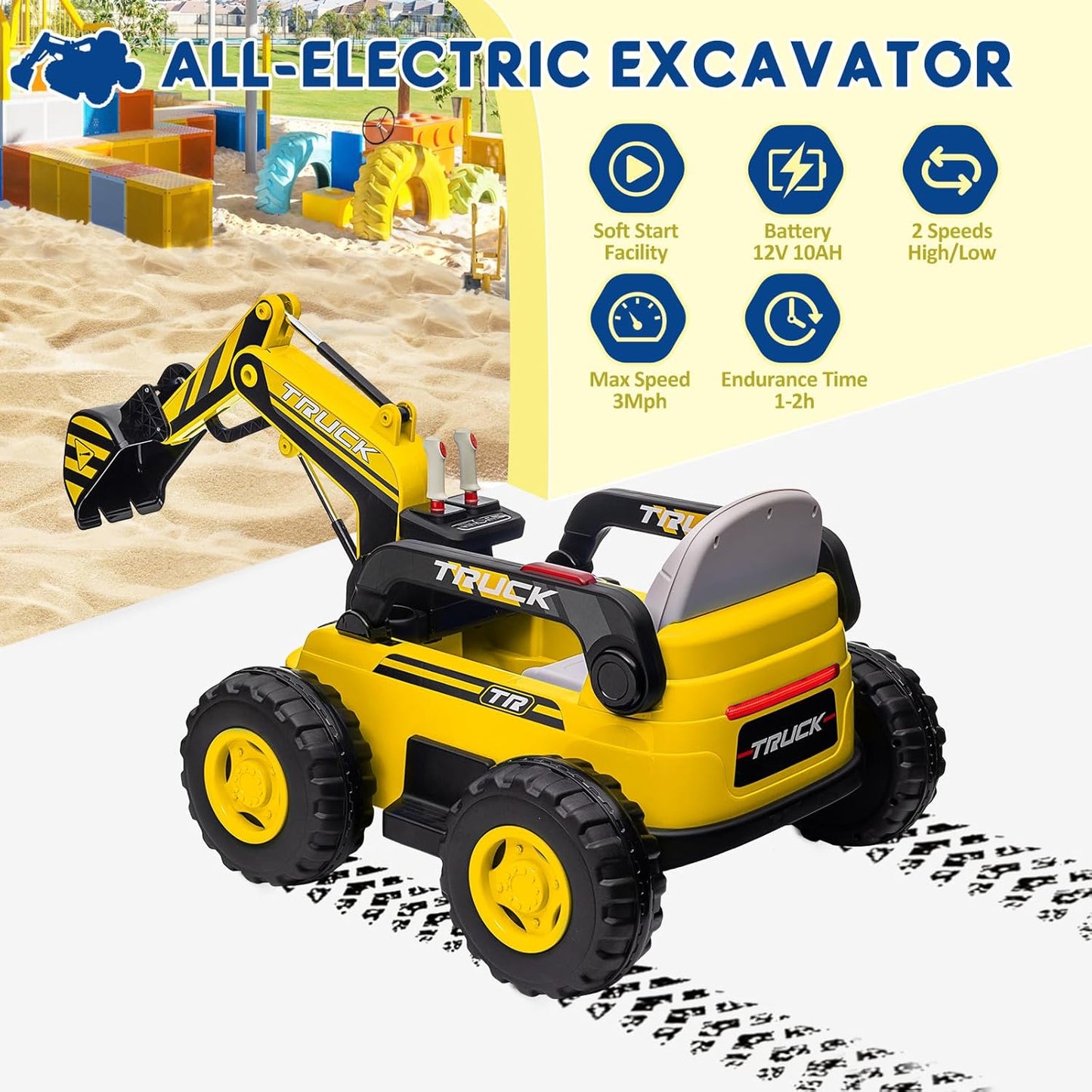 Mini Ride On Excavator for Kids, 12V Electric Excavator Toy, 4WD Kids Ride on Car