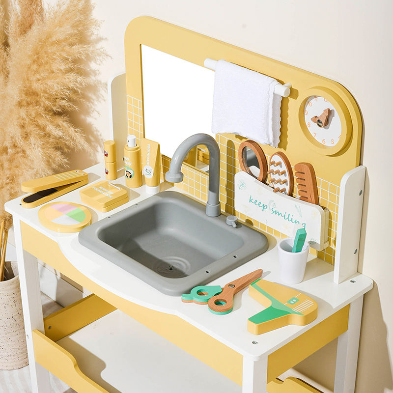 Wooden Kids Wash Basin & Grooming Station Play Set | Pretend Bathroom Sink with Accessories