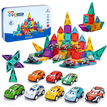 Revised Product Title: BUBUQE Mini Magnetic Building Tiles Set with 8 Metal Cars – 62-Piece STEM Construction Toy with Storage Box