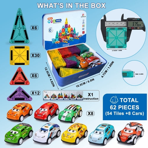 Revised Product Title: BUBUQE Mini Magnetic Building Tiles Set with 8 Metal Cars – 62-Piece STEM Construction Toy with Storage Box