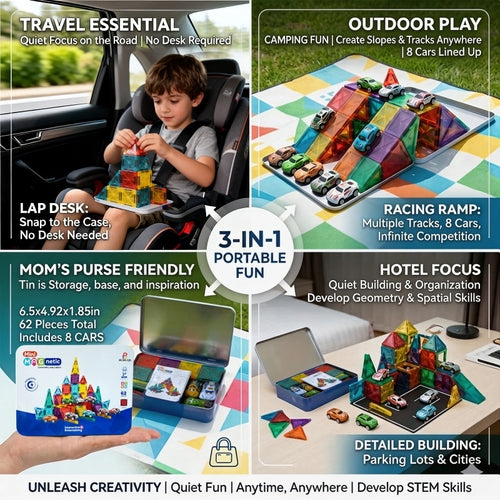 Revised Product Title: BUBUQE Mini Magnetic Building Tiles Set with 8 Metal Cars – 62-Piece STEM Construction Toy with Storage Box