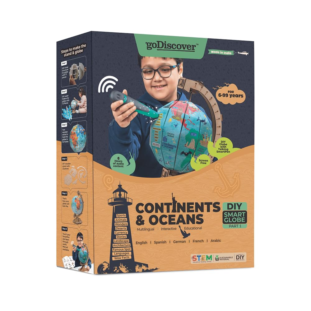 goDiscover Interactive Globe with Smart Talking Pen | DIY Talking Globe of Continents and Oceans in English, Spanish, French, German, and Arabic | Fun Educational Toy for Kids, Geography Learning