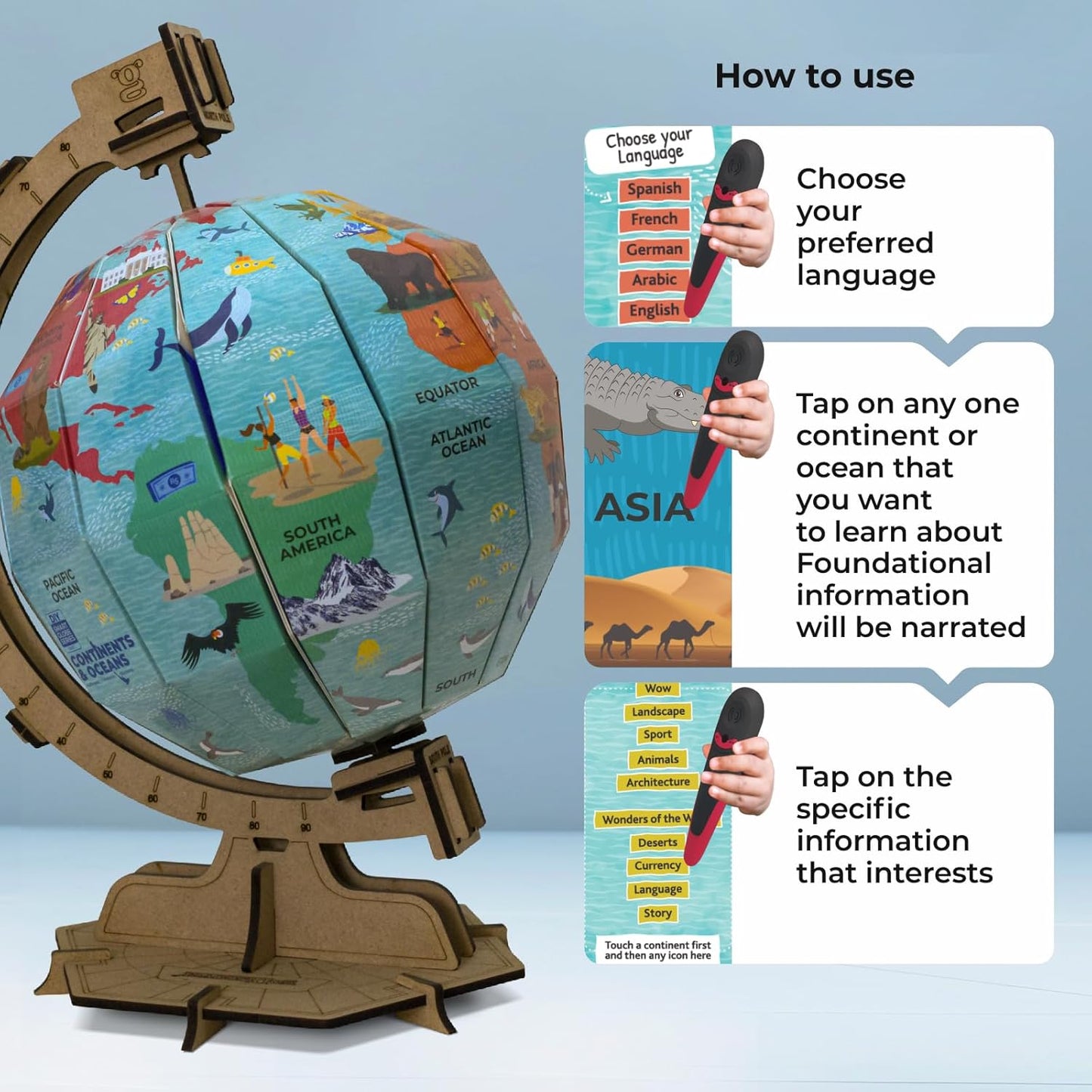 goDiscover Interactive Globe with Smart Talking Pen | DIY Talking Globe of Continents and Oceans in English, Spanish, French, German, and Arabic | Fun Educational Toy for Kids, Geography Learning