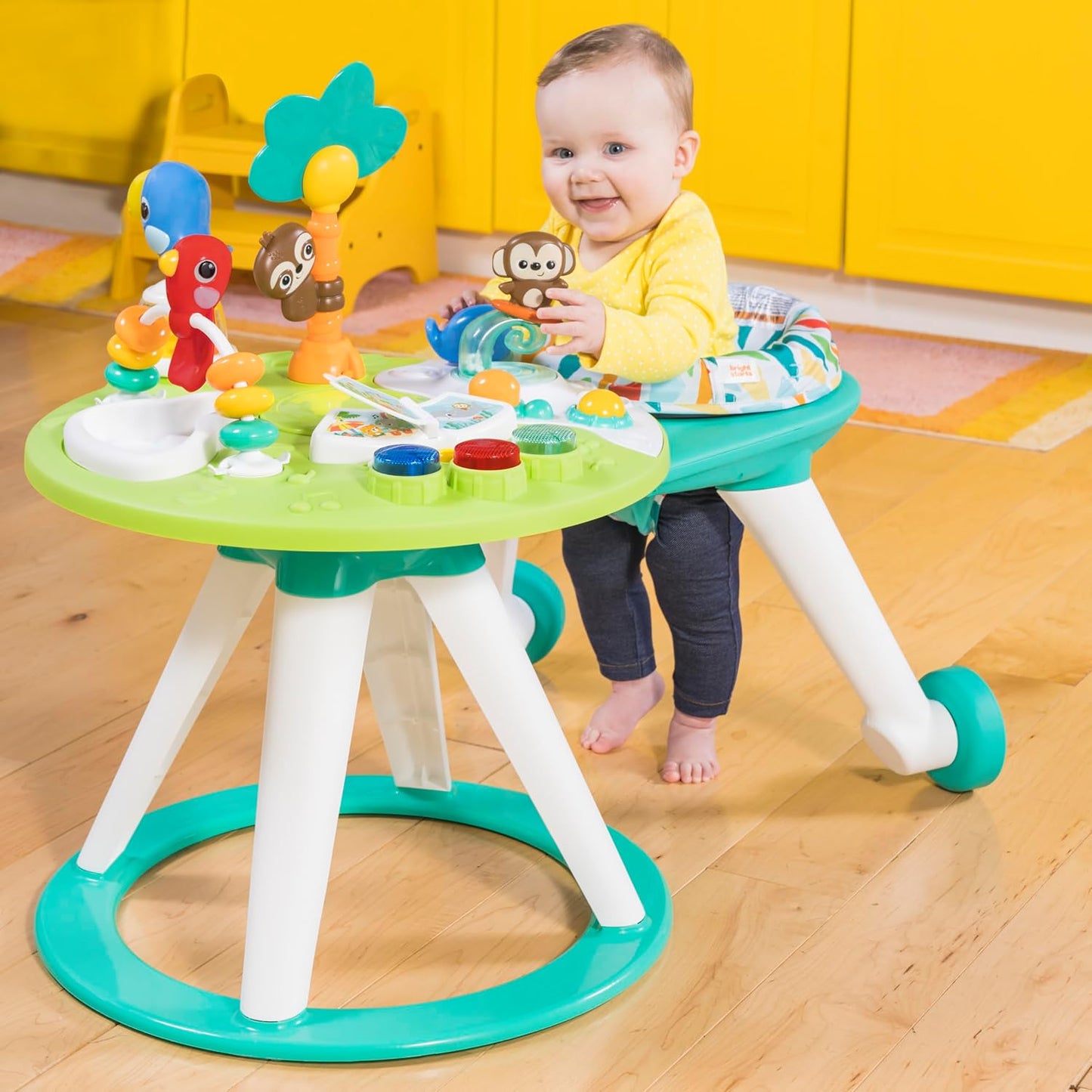 Bright Starts Around We Go 2-in-1 Walk-Around Baby Activity Centre & Activity Table – Rotating Seat, Light-Up Musical Toys, Tropical Friends & Removable Walker Arm | 6 Months+