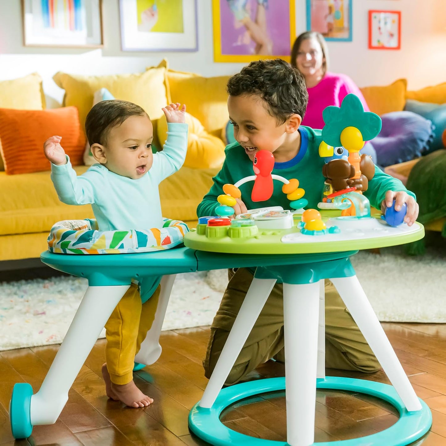 Bright Starts Around We Go 2-in-1 Walk-Around Baby Activity Centre & Activity Table – Rotating Seat, Light-Up Musical Toys, Tropical Friends & Removable Walker Arm | 6 Months+