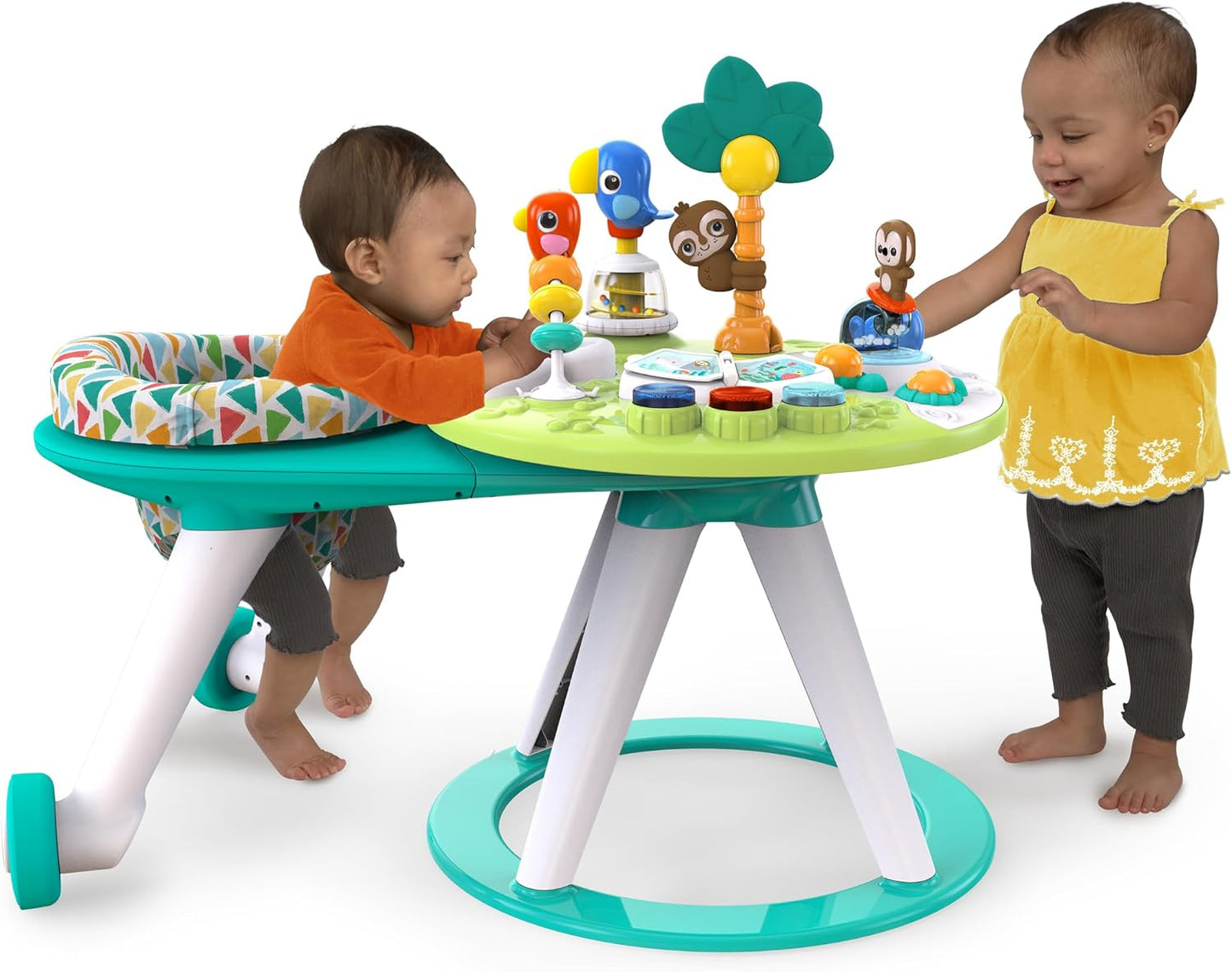 Bright Starts Around We Go 2-in-1 Walk-Around Baby Activity Centre & Activity Table – Rotating Seat, Light-Up Musical Toys, Tropical Friends & Removable Walker Arm | 6 Months+