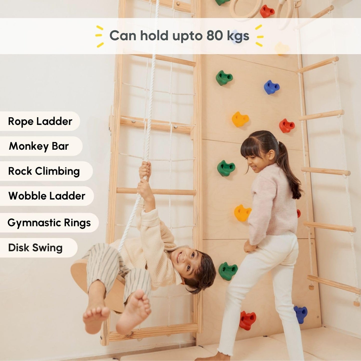 Curious Cub Jungle Gym for Kids Indoor | Kids Gymnastics At Home Gym | Contains Rock Climbing, Wall Climbing for Kids | Ladder for Kids to Play Indoor Fun Activity for Ages 4+(7 FEET)