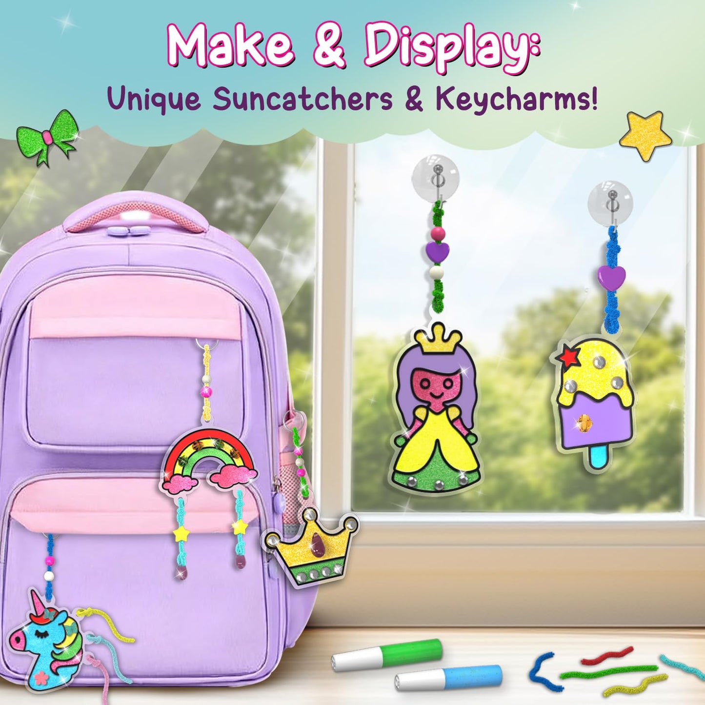 Smartivity Window Art Keycharms for Girls 5 to 10 Years, Glass Painting | Create Princess, Unicorn, Rainbow, Butterfly & Many More |Birthday Gift for 5, 6, 7, 8, 9, 10| Sun Catcher Craft Activity Kit(PACK OF 6)